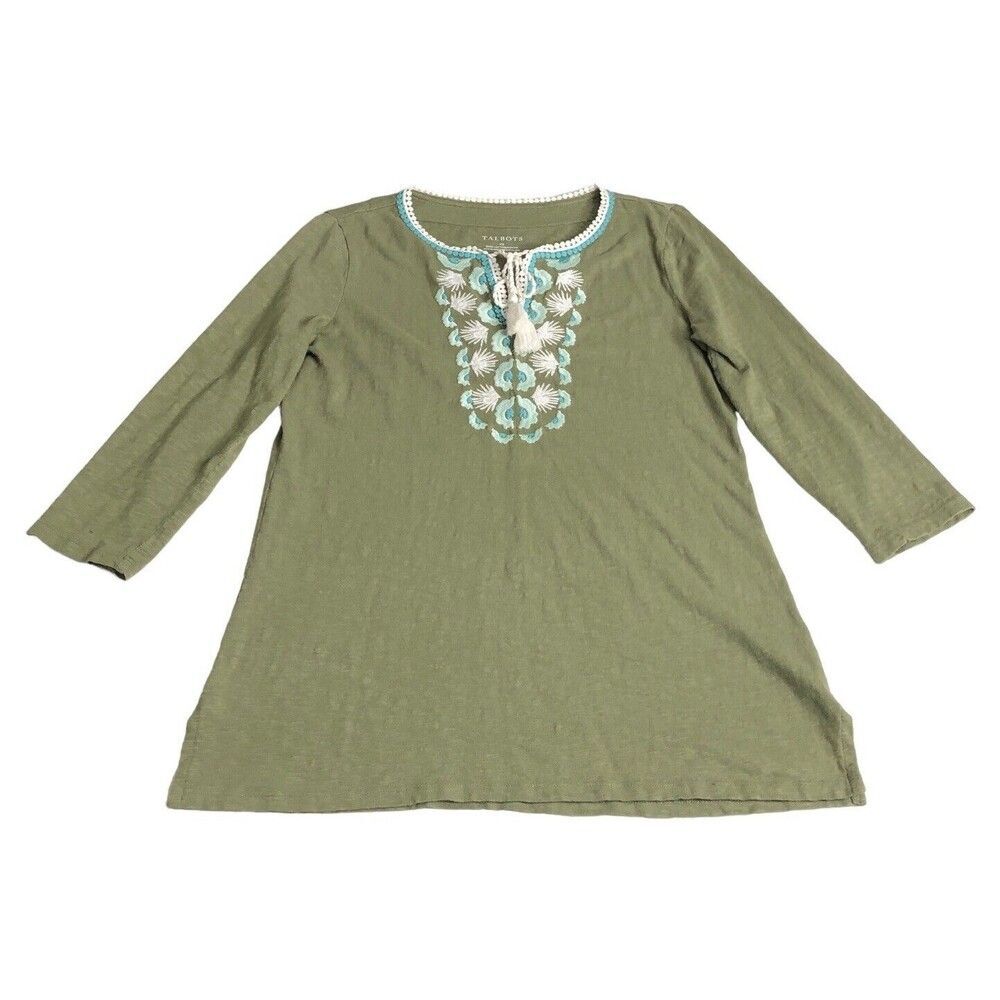 Talbots Top Womens XS Green Embroidered Tunic Split Neck 3/4 Sleeve Tassel Boho